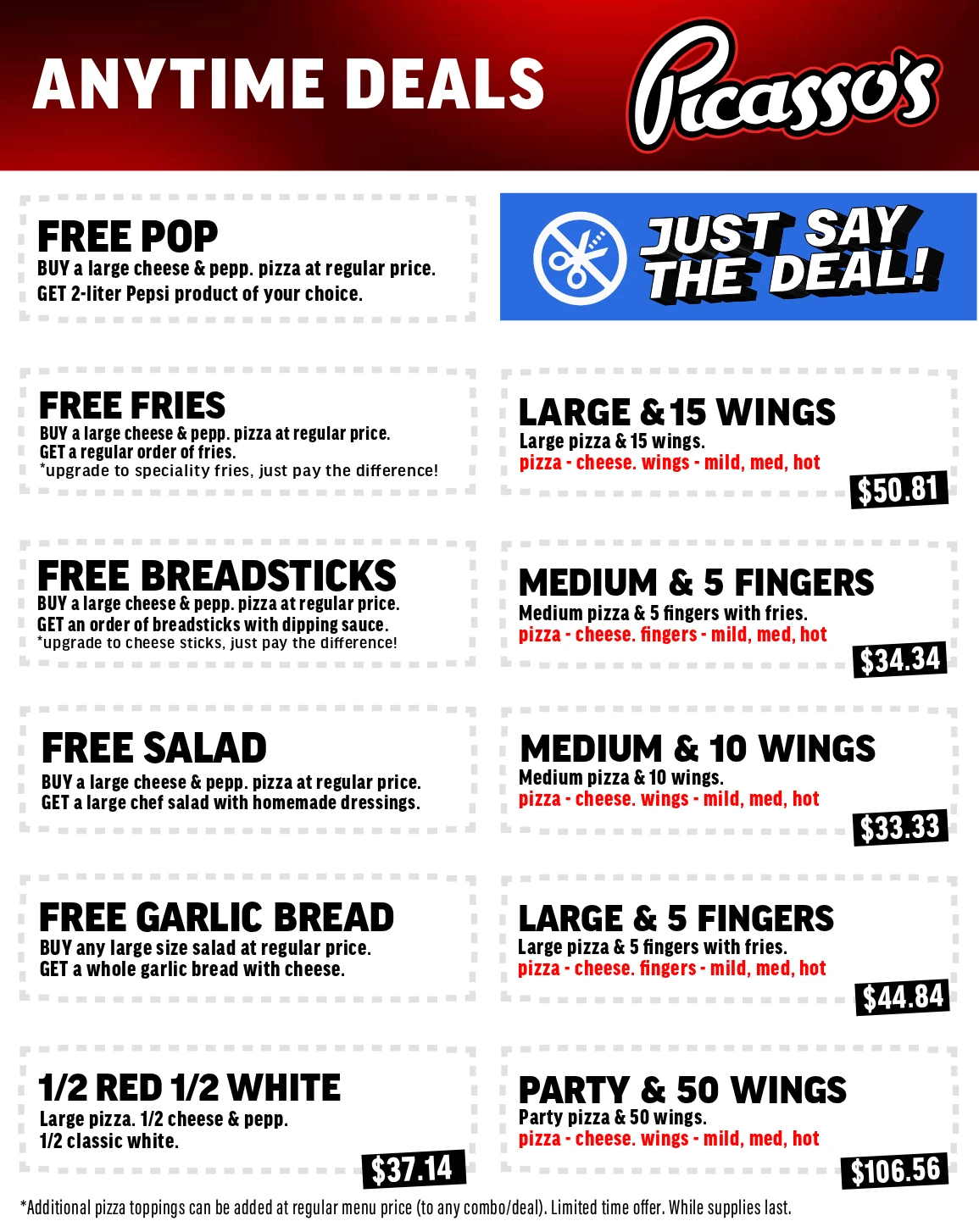 Picasso's Pizza Anytime Deals 2026 — pizza-and-wing combos, free add-ons, and money-off specials