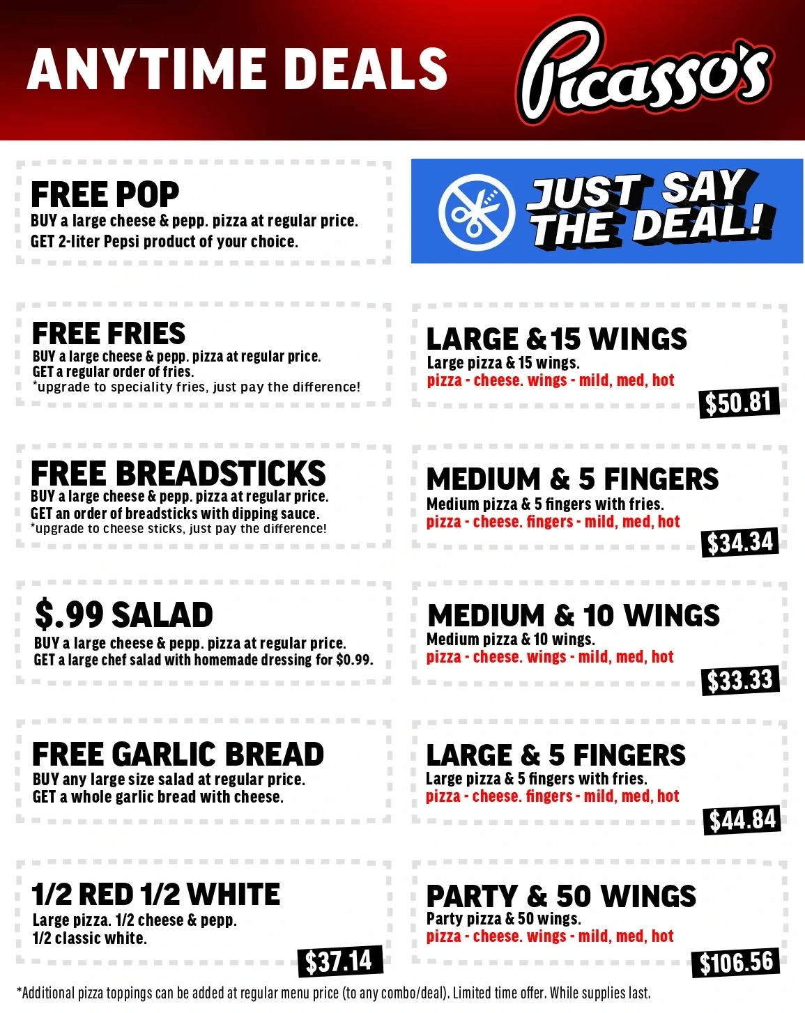 Picasso's Pizza Anytime Deals 2026 — pizza-and-wing combos, free add-ons, and money-off specials