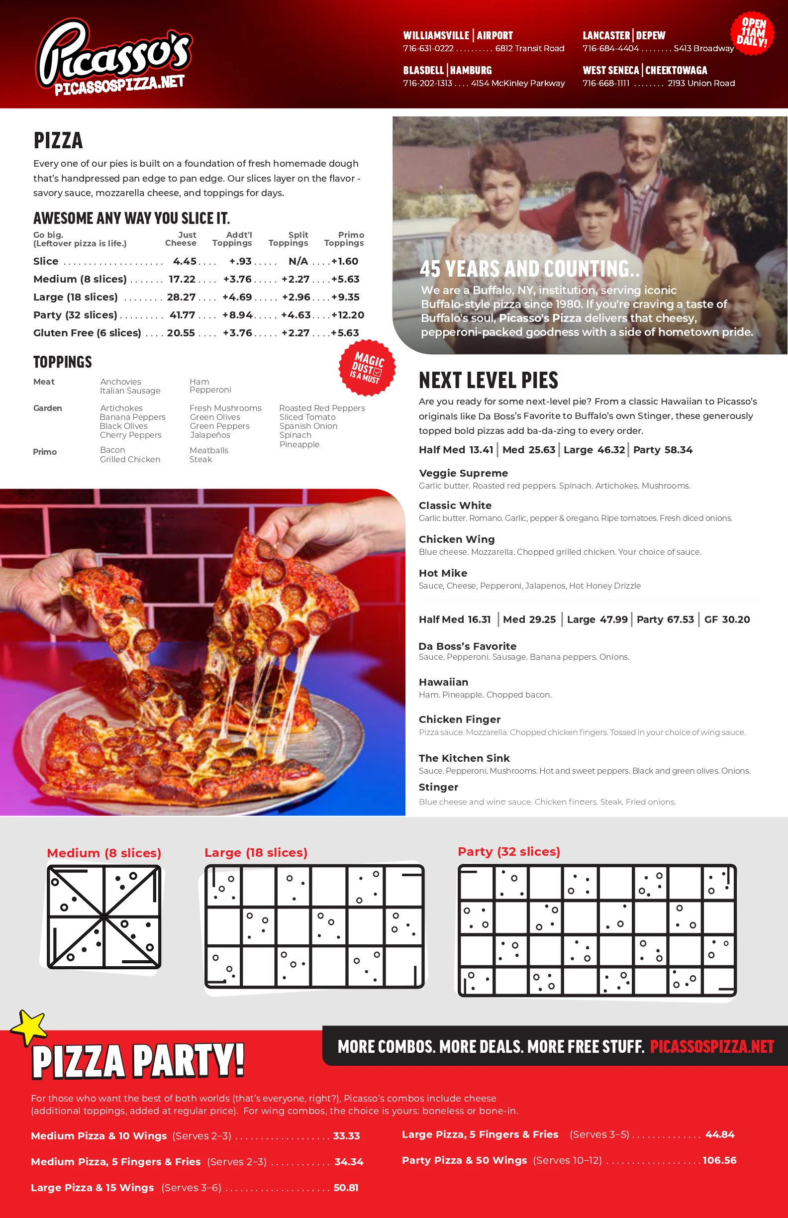 Picasso's Pizza menu page 1 — pizza, toppings, next level pies