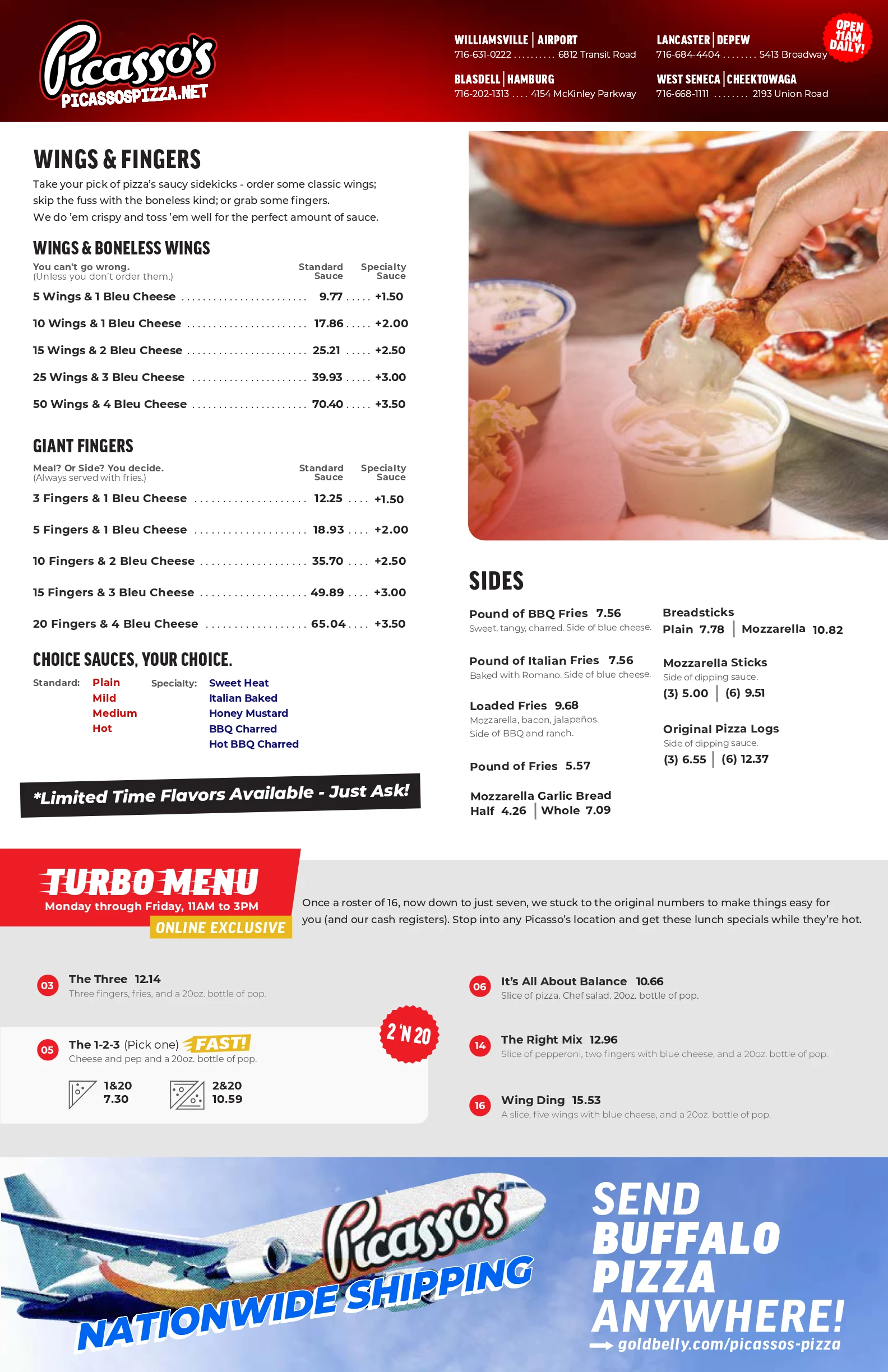 Picasso's Pizza menu page 2 — wings, fingers, sides, turbo menu