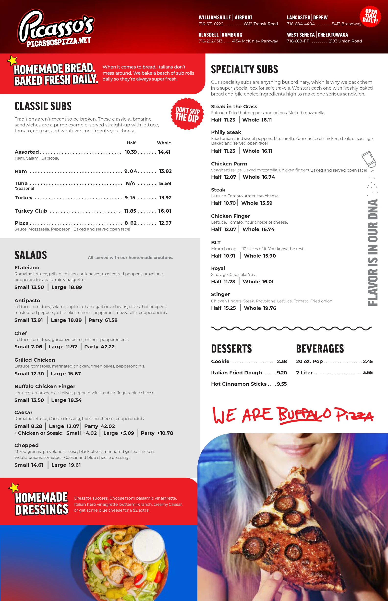 Picasso's Pizza menu page 3 — subs, salads, desserts, beverages