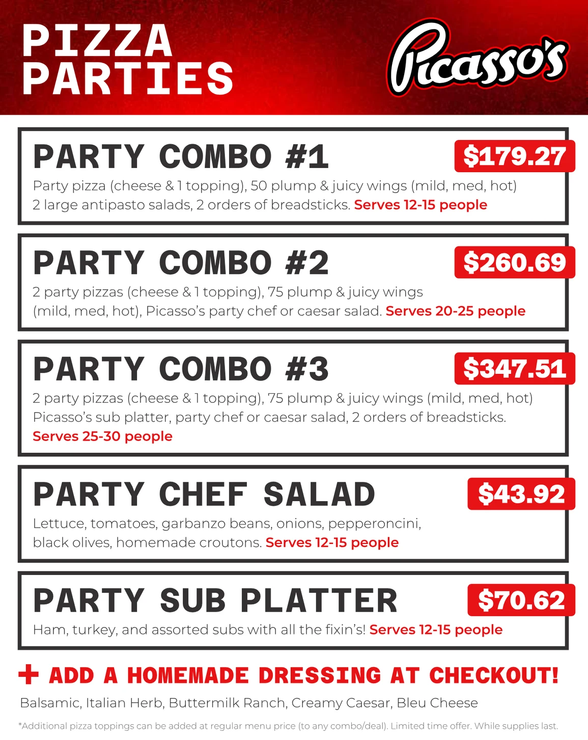 Picasso's Pizza Parties menu 2026 — party combos, chef salad, and sub platter with pricing